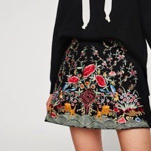 Floral Embroidered Black Mini Skirt